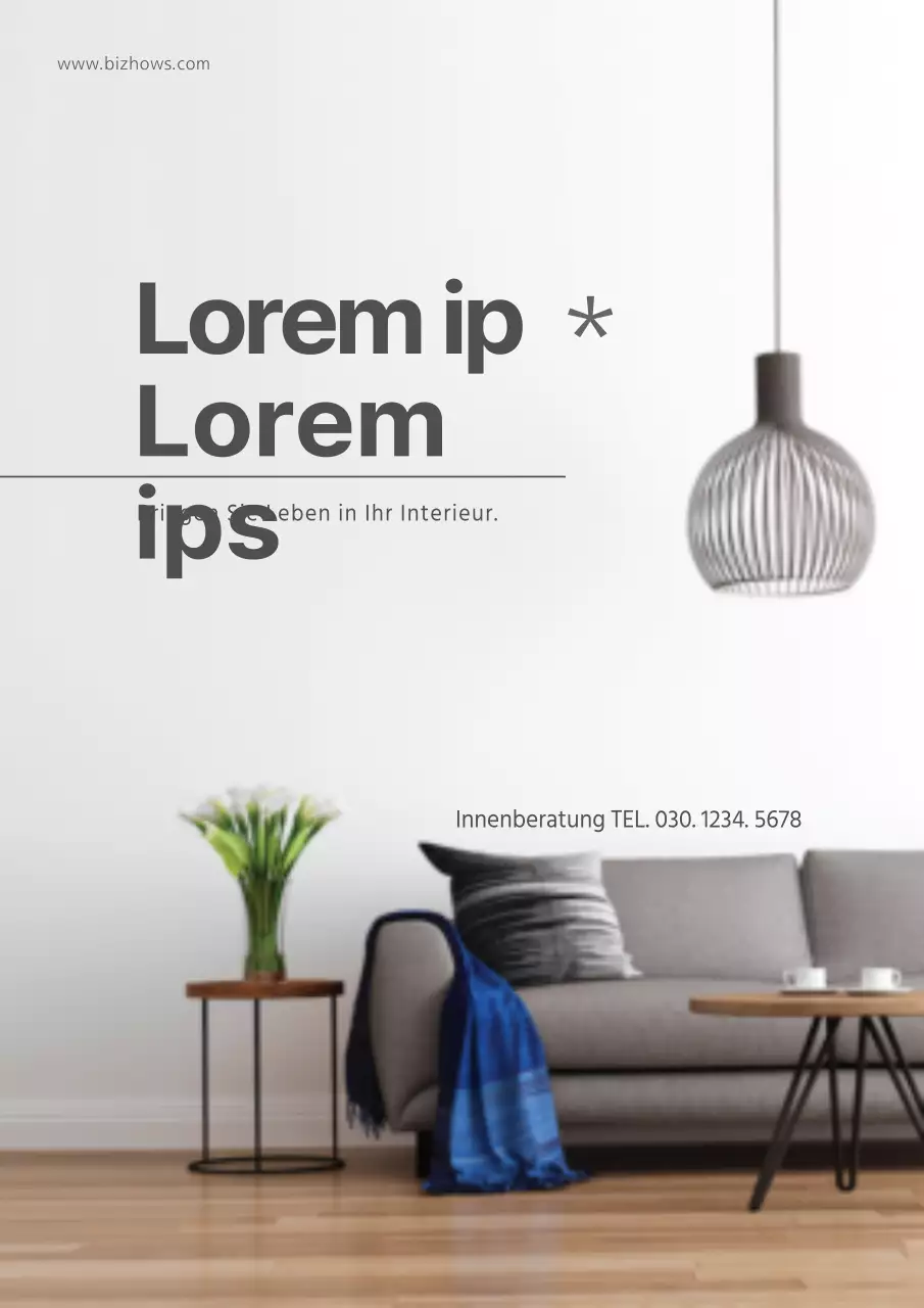 Werbung für ein einfaches Einrichtungsunternehmen mit Fotos von grauen modernen Wohnzimmern