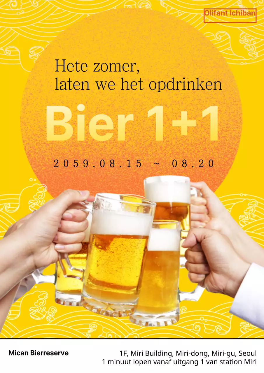 Promoot een evenement met korting op bier met een Japans geïnspireerd concept met oranje en gele oceaanillustraties