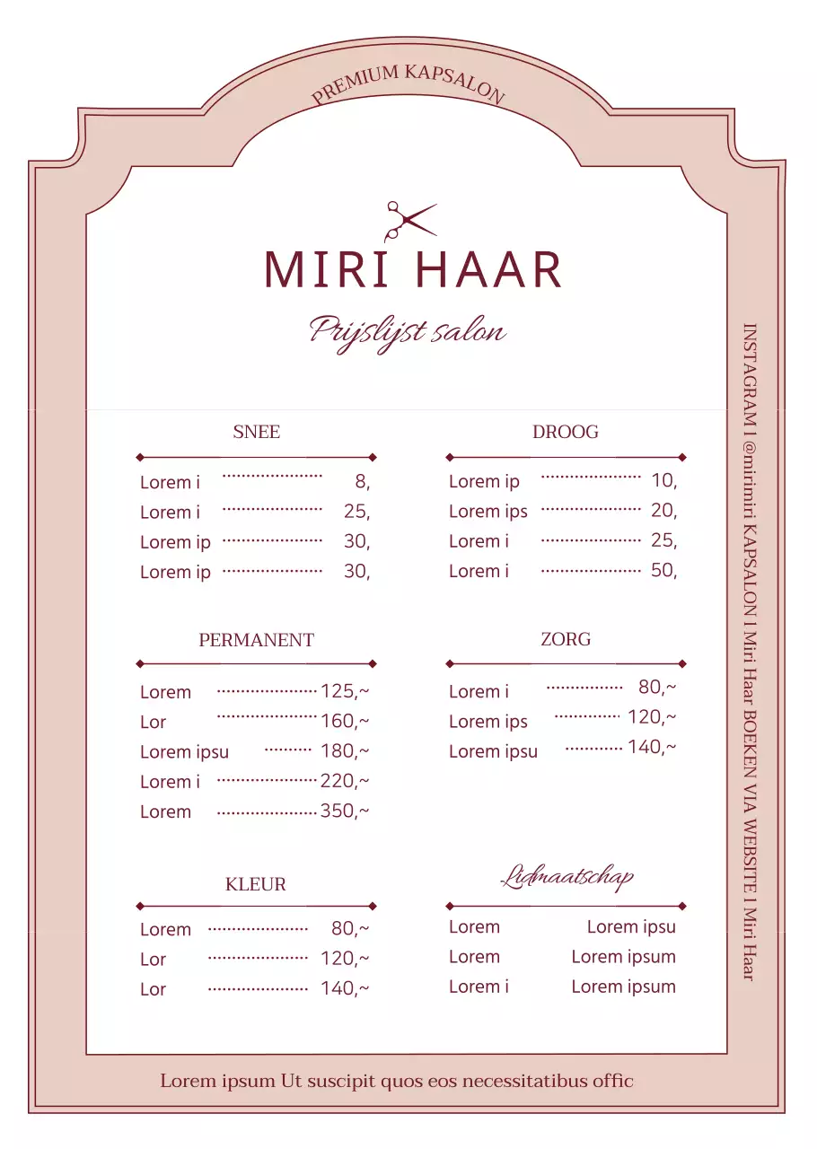 Kapsalon prijs menubord in roze vintage frame