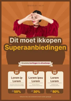 Flyer ter promotie van een bruin, kleurrijk, branded super uitverkoop evenement