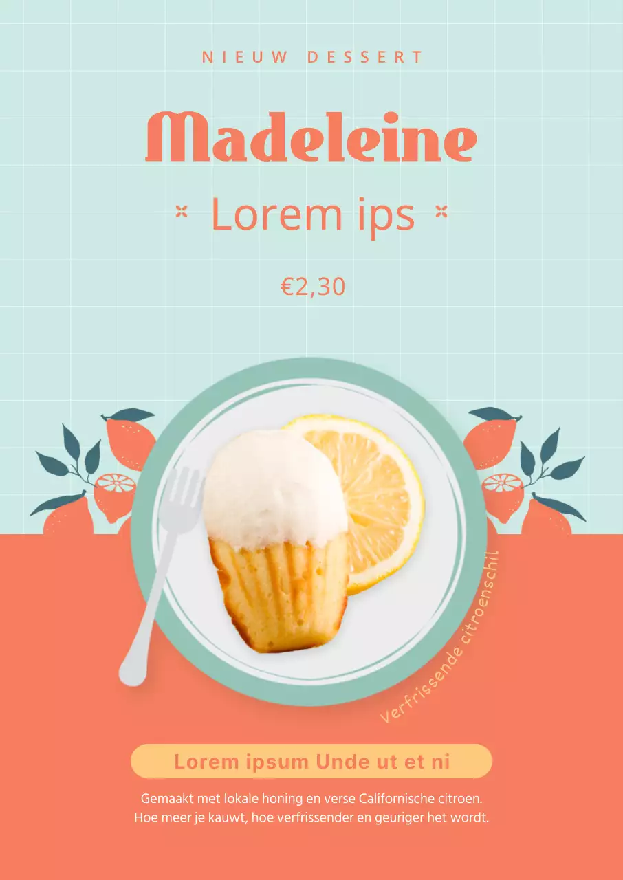 Madeleine dessertkaart met lichtblauwe en oranje beeldaccenten