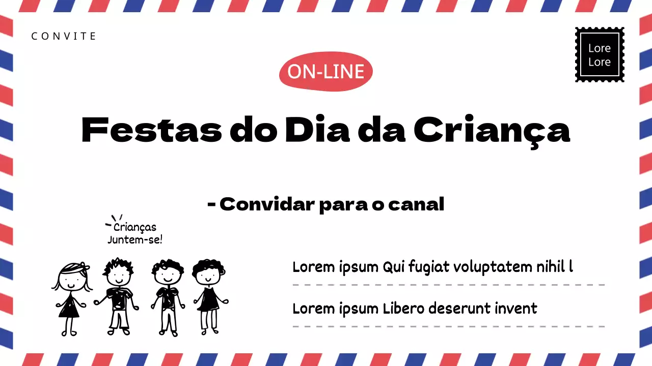 Convites festivos com um conceito de correio de papelaria para o Dia da Criança