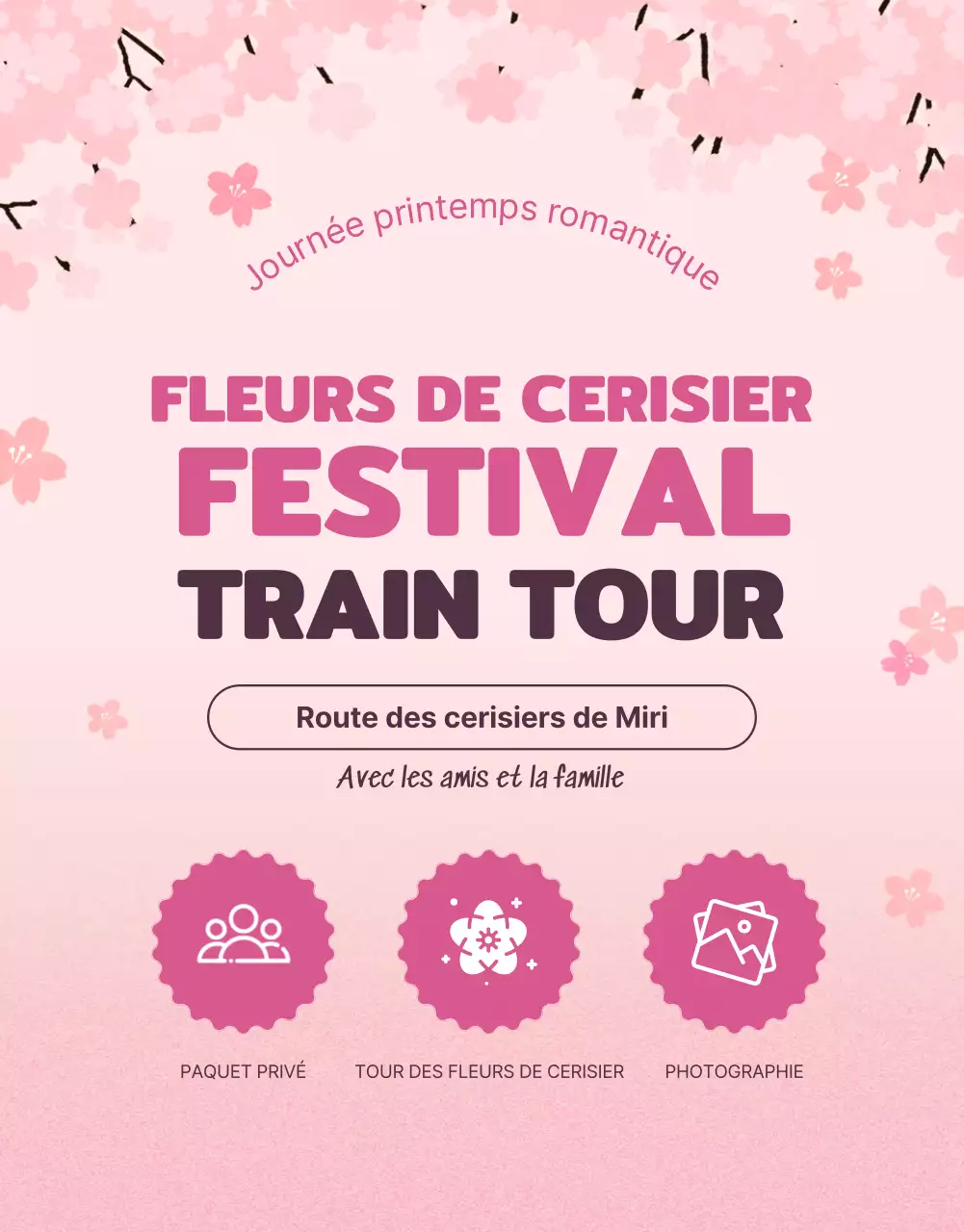 De jolies illustrations de cerisiers en fleurs en rose pastel pour promouvoir le voyage