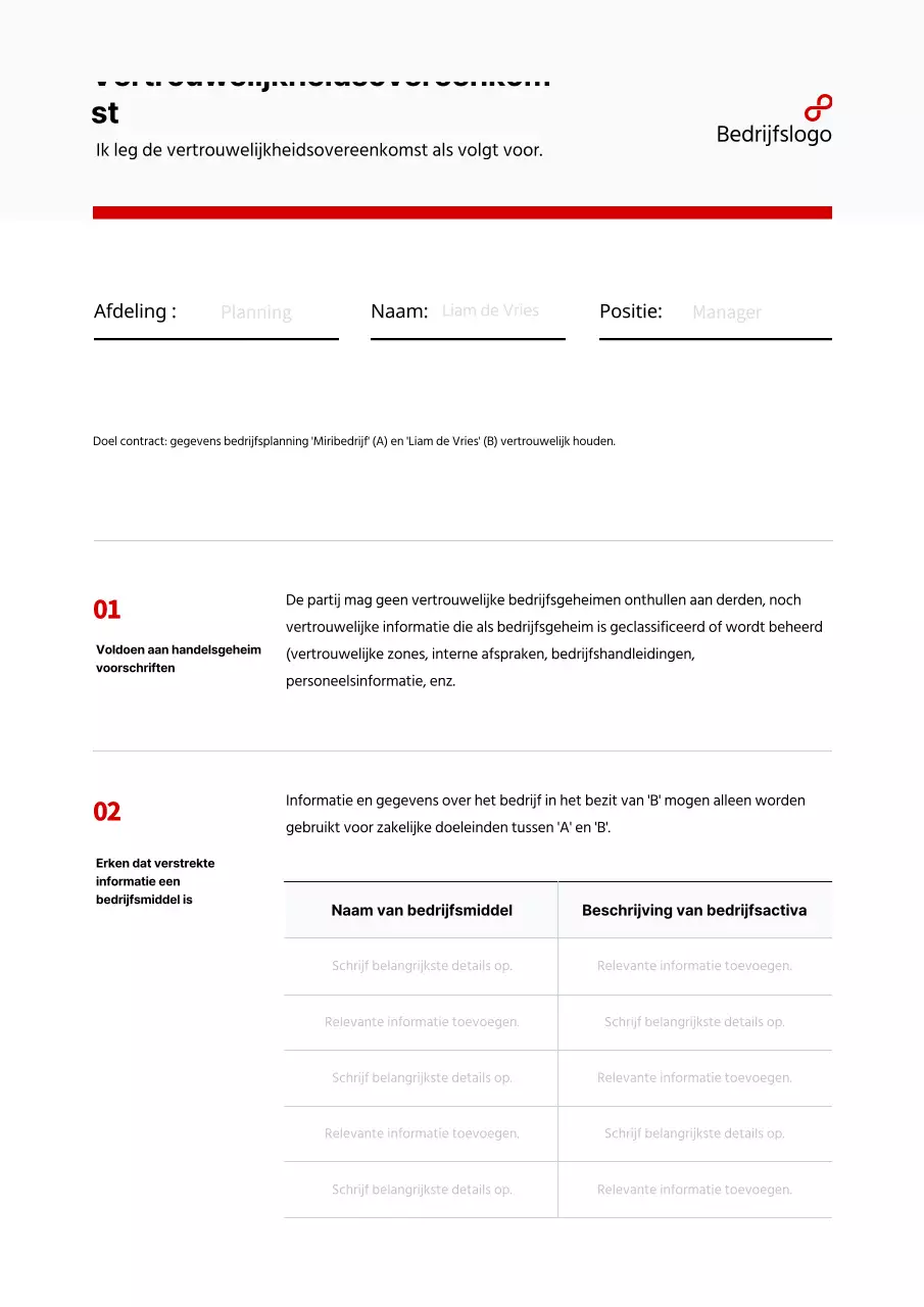 Vertrouwelijkheidsovereenkomst met een eenvoudige rode tabel
