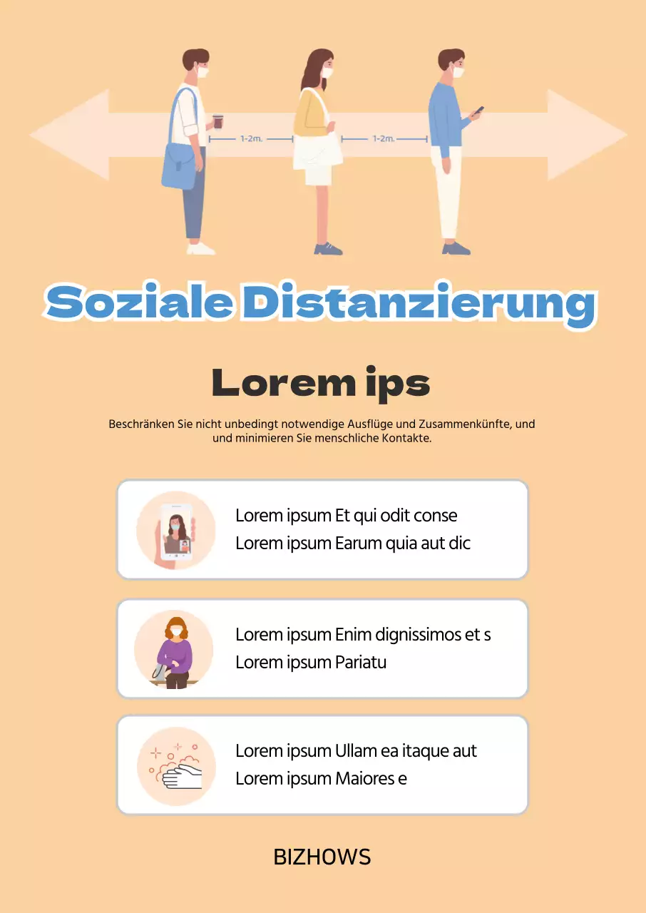 Orange blau saubere Illustration soziale Distanzierung Leitfaden