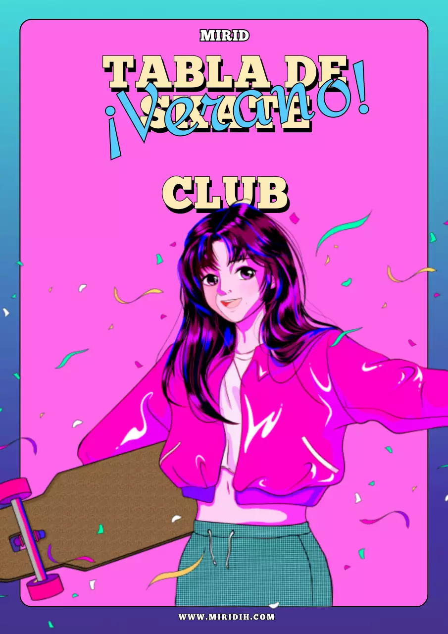 Ilustración de una chica montando una tabla de pop de la ciudad en azul cielo colorido