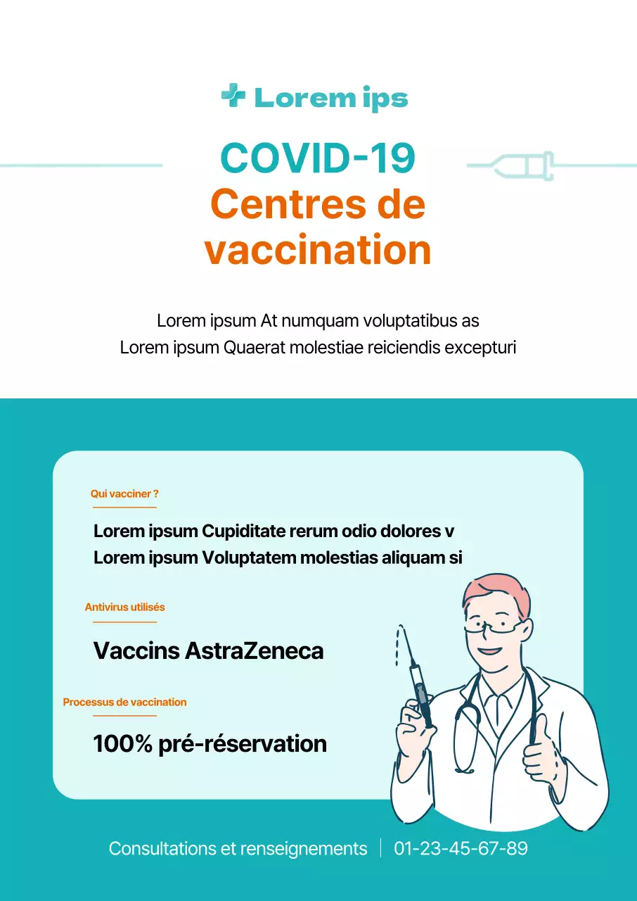 Affiche verticale sur la vaccination contre le coronavirus avec des illustrations et des tableaux de couleur menthe et orange