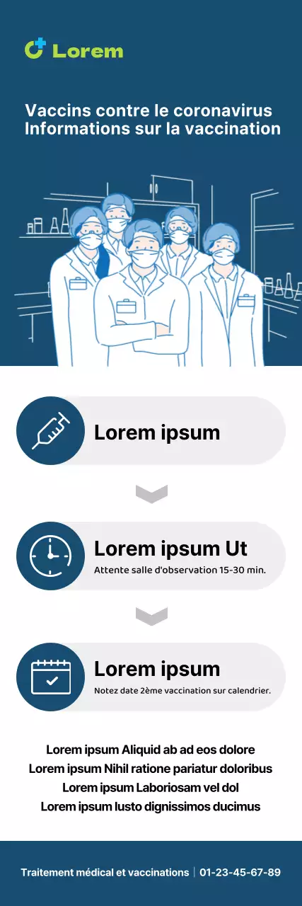 Bannière X sur la vaccination contre le coronavirus avec des tableaux infographiques et des illustrations dans les tons bleu marine