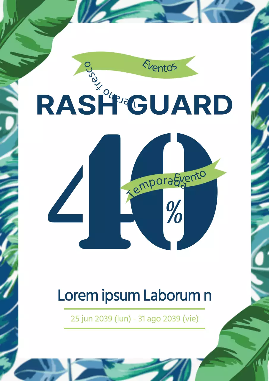 Flyer promocionando un evento de descuento para una elegante marca de ropa de playa en azul y verde.