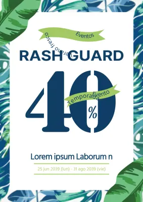 Flyer promocionando un evento de descuento para una elegante marca de ropa de playa en azul y verde.