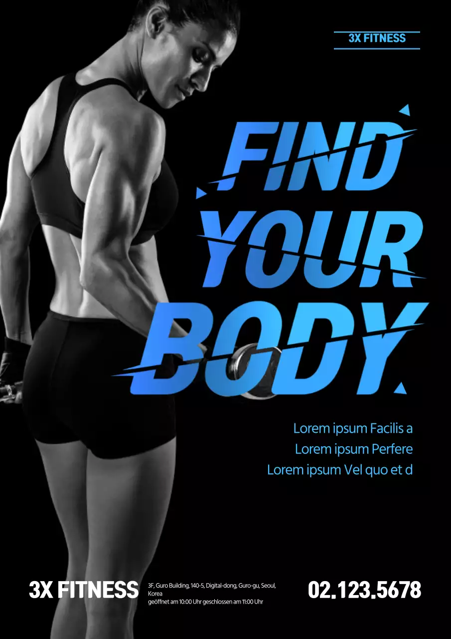 Werben Sie für Ihr Fitnessstudio mit einem blauen Foto einer trainierenden Frau