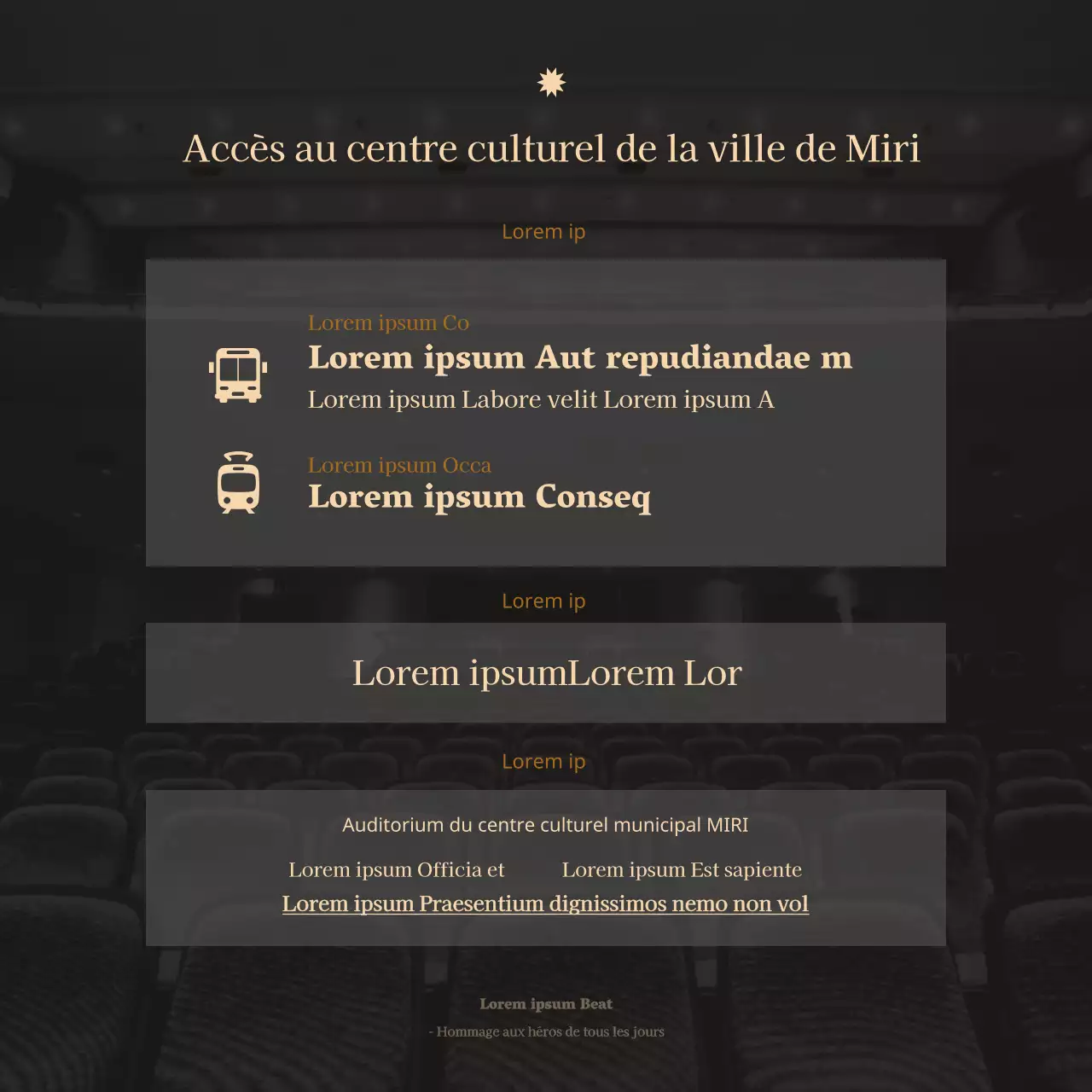 Une annonce de concert orchestral épurée dans une police à empattement avec de luxueuses nuances de beige et de vert foncé.