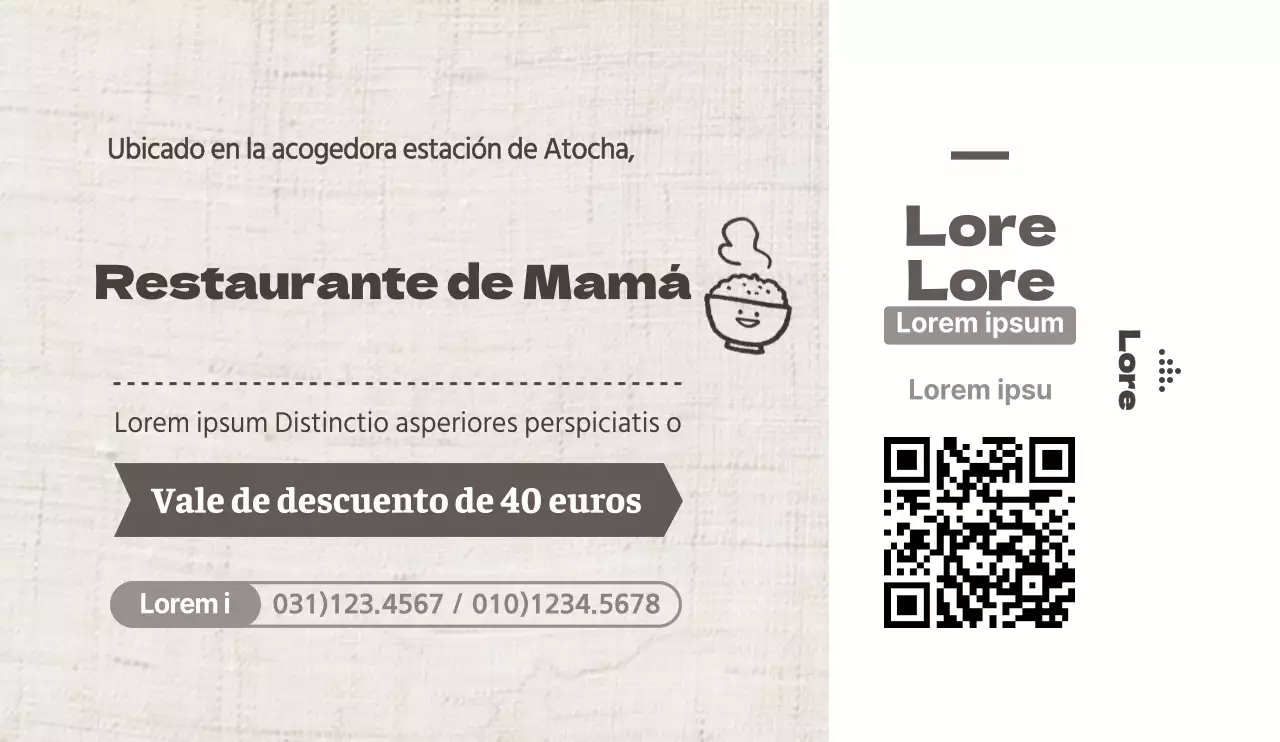Marrón y blanco, sencillo y limpio concepto de cupón de descuento para la promoción e información de restaurantes