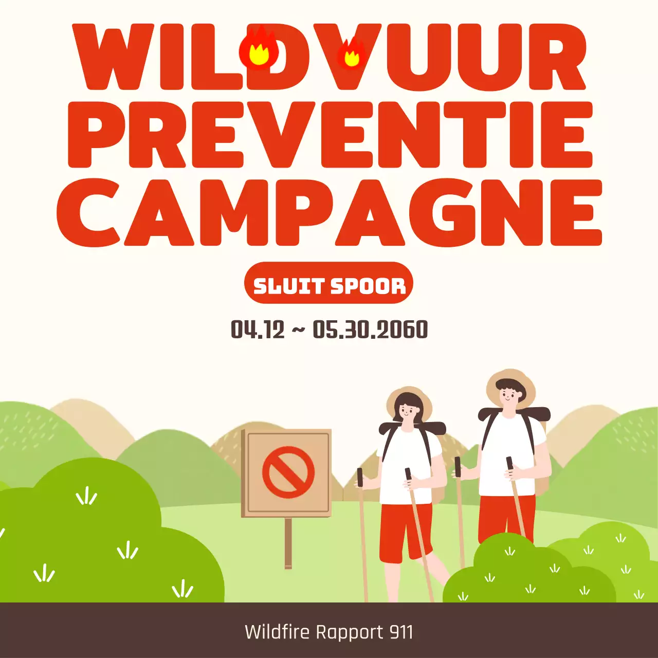 Schattig geïllustreerd bericht ter preventie van bosbranden met rode accenten