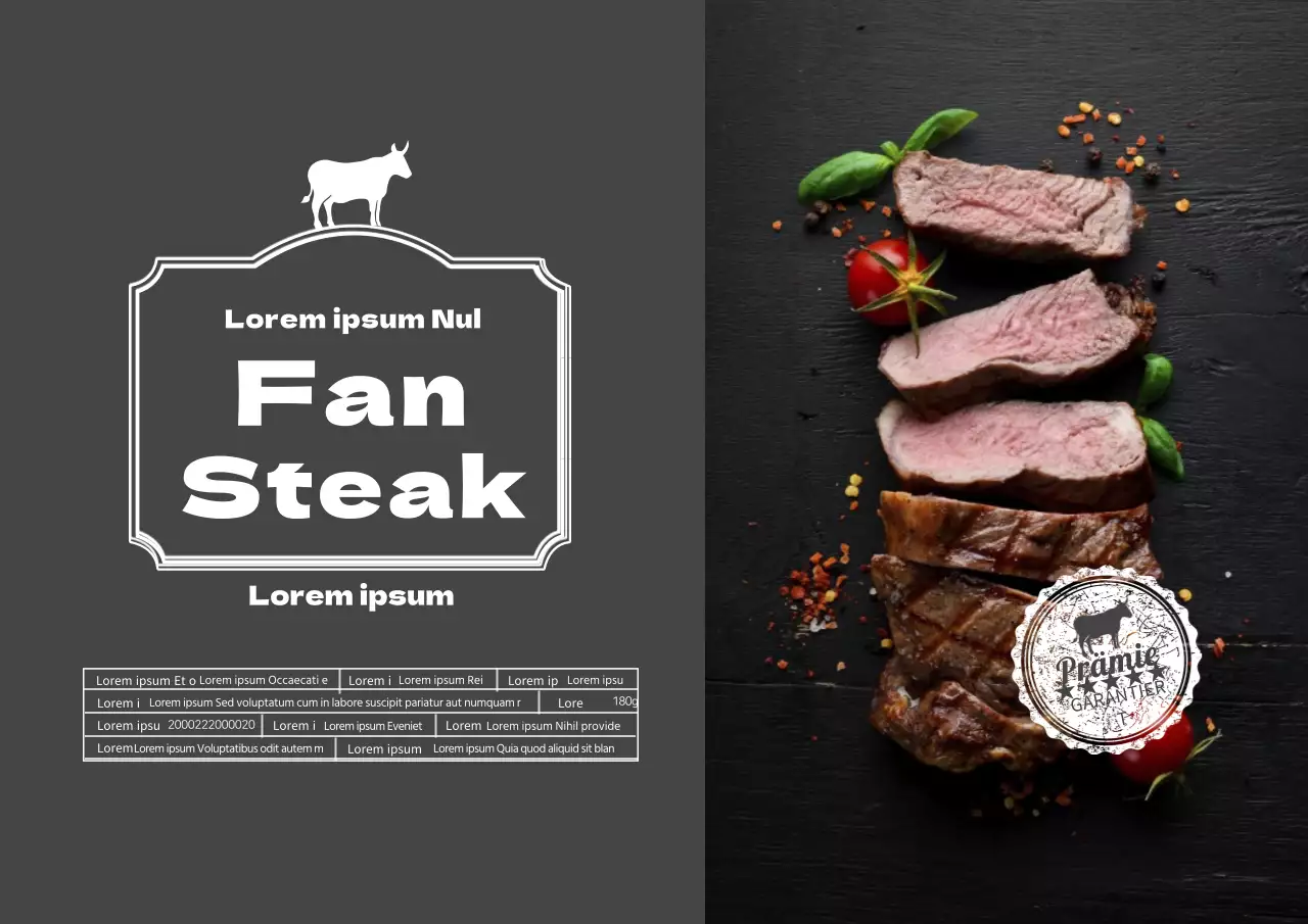 graues Ikonenfoto zur Hervorhebung des Lebensmittels Steak Detail Etikett