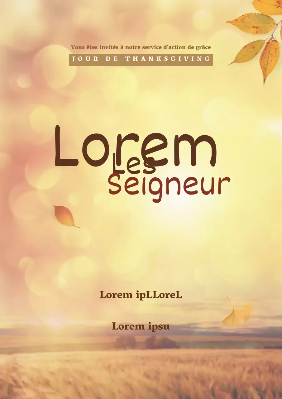 Promouvoir les services religieux d'automne avec des photos de champs d'automne jaunes et de feuilles qui tombent.