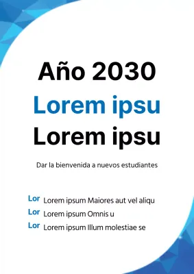 Un sencillo folleto en blanco y azul para un acto de bienvenida a un nuevo estudiante universitario