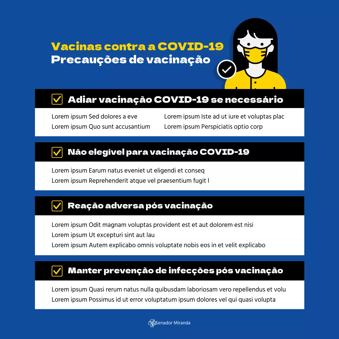 Cartaz quadrado de vacinação contra o coronavírus com ilustração e tabela em tons de azul.