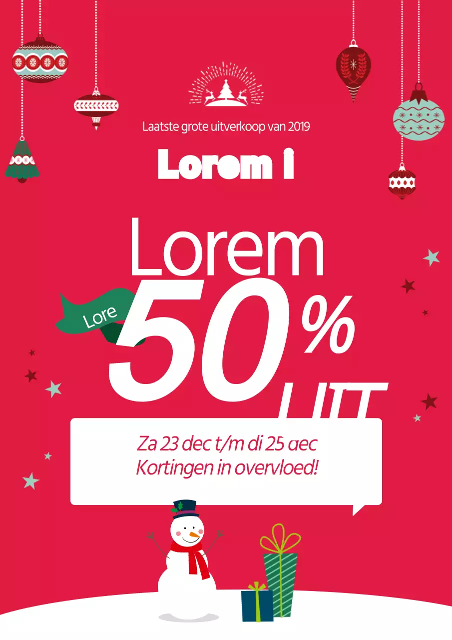 Promoot een grote uitverkoop met een illustratie van een rode sneeuwpop en boomornamenten