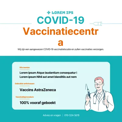 Coronavirus vaccinatie vierkante poster met mint en oranje illustratie en tabel
