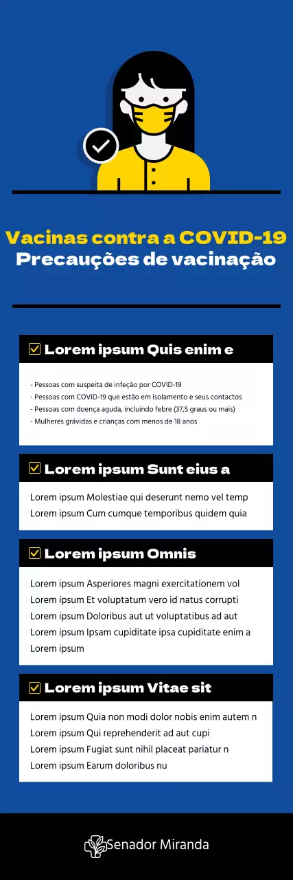 X-banner sobre a vacinação contra o coronavírus com ilustrações e tabelas a azul.