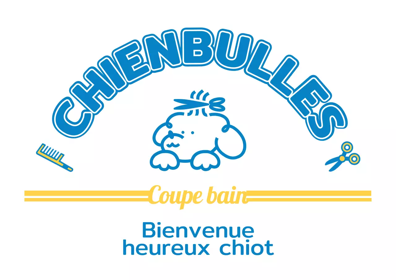 Salon de toilettage pour chiens avec d'adorables chiots bleus et jaunes