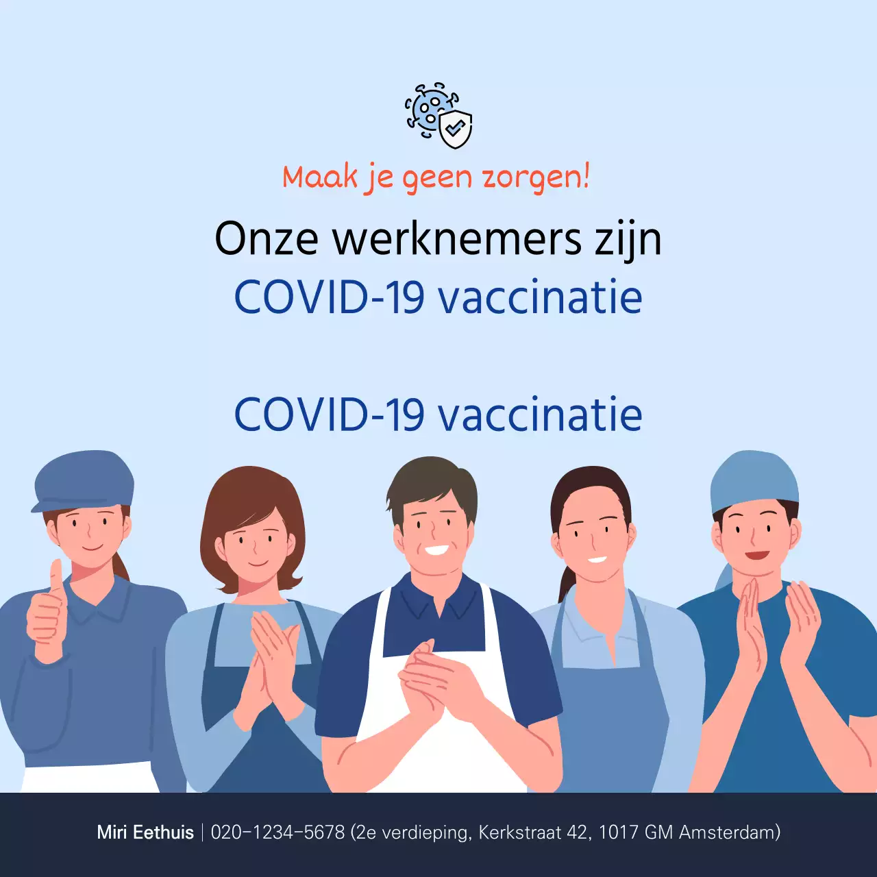 Coronavirus vaccinatie vierkante poster met blauwe illustratie