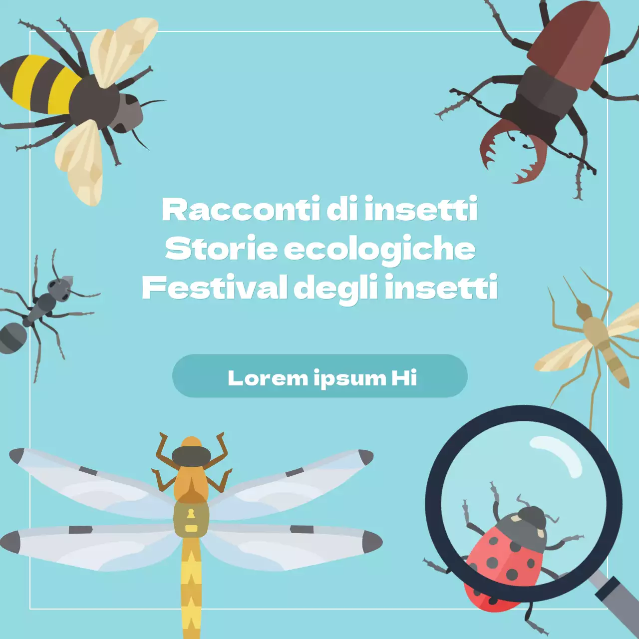 Festival degli insetti sui social media con varie illustrazioni di insetti e uno sfondo blu chiaro