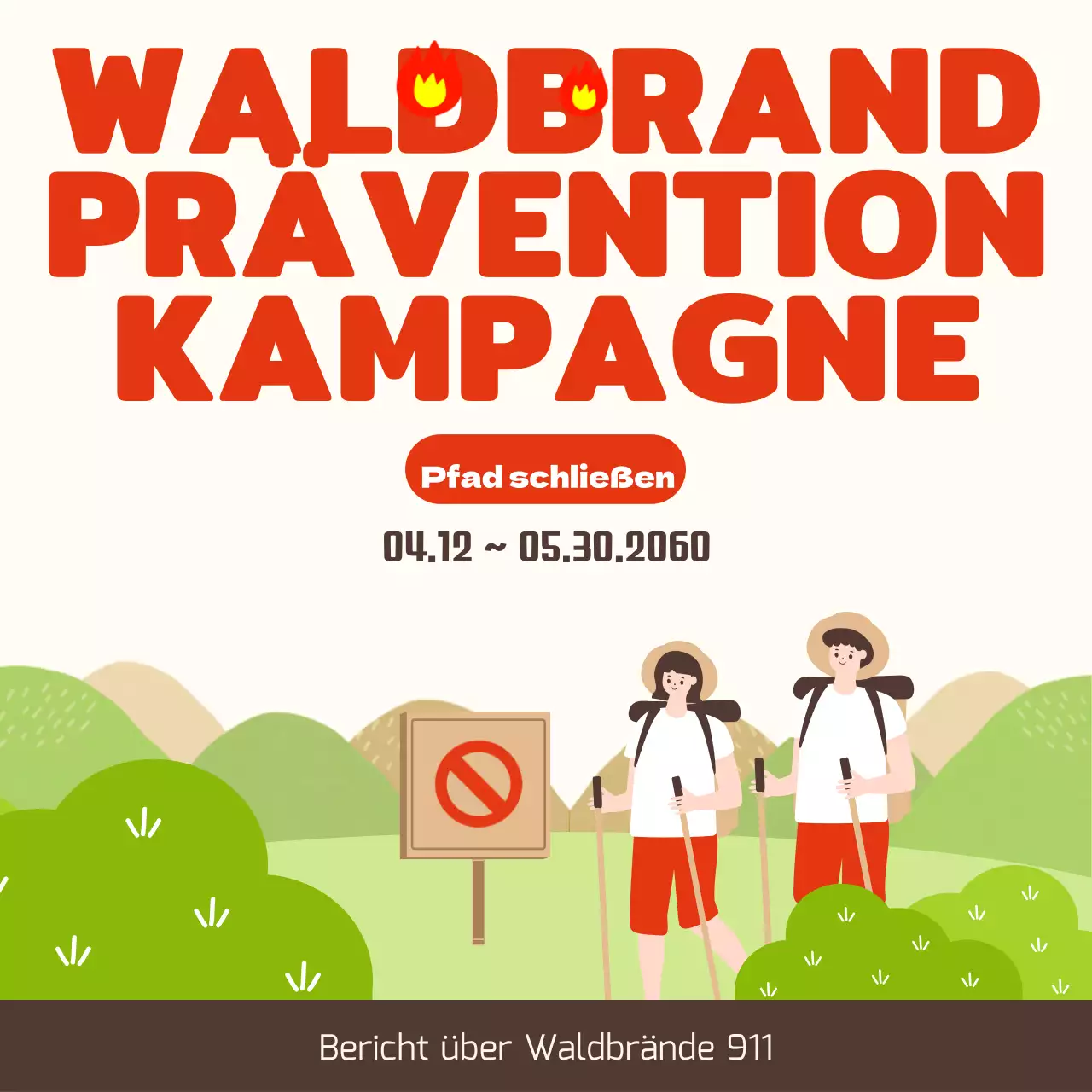 Niedlich illustrierter Hinweis zur Verhütung von Waldbränden mit roten Akzenten