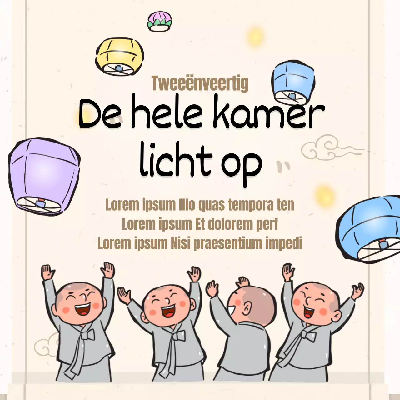 Een verzameling boeddhistische illustraties in beige.