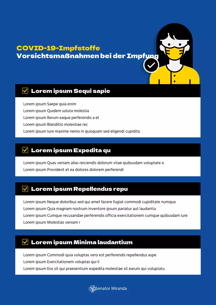 Vertikales Poster zur Coronavirus-Impfung mit Abbildungen und Tabellen in Blautönen.