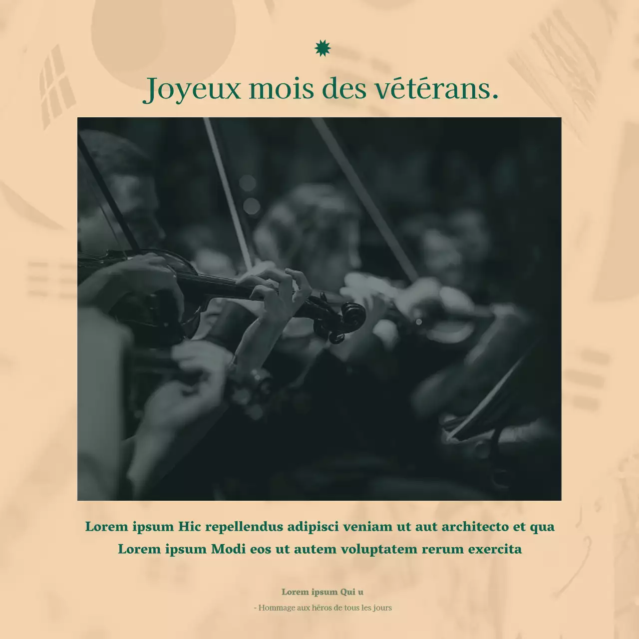 Une annonce de concert orchestral épurée dans une police à empattement avec de luxueuses nuances de beige et de vert foncé.