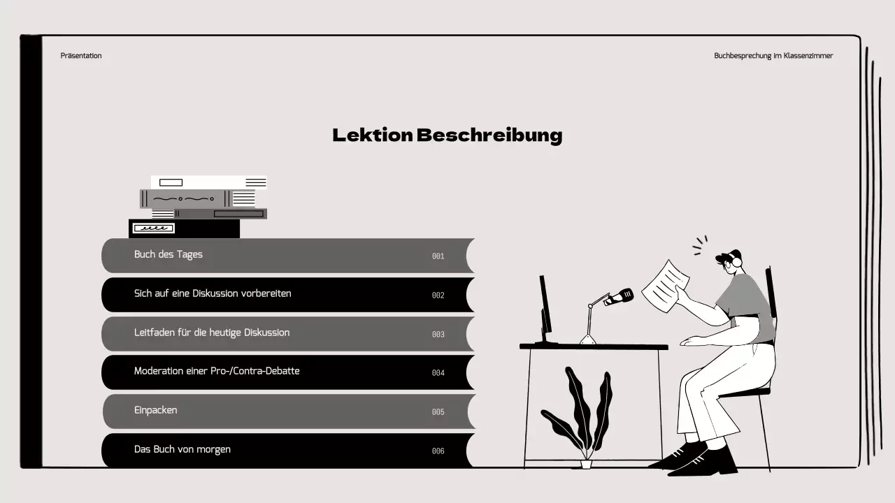 Buchbesprechung im Klassenzimmer mit hervorgehobenen Illustrationen in Beige und Schwarz