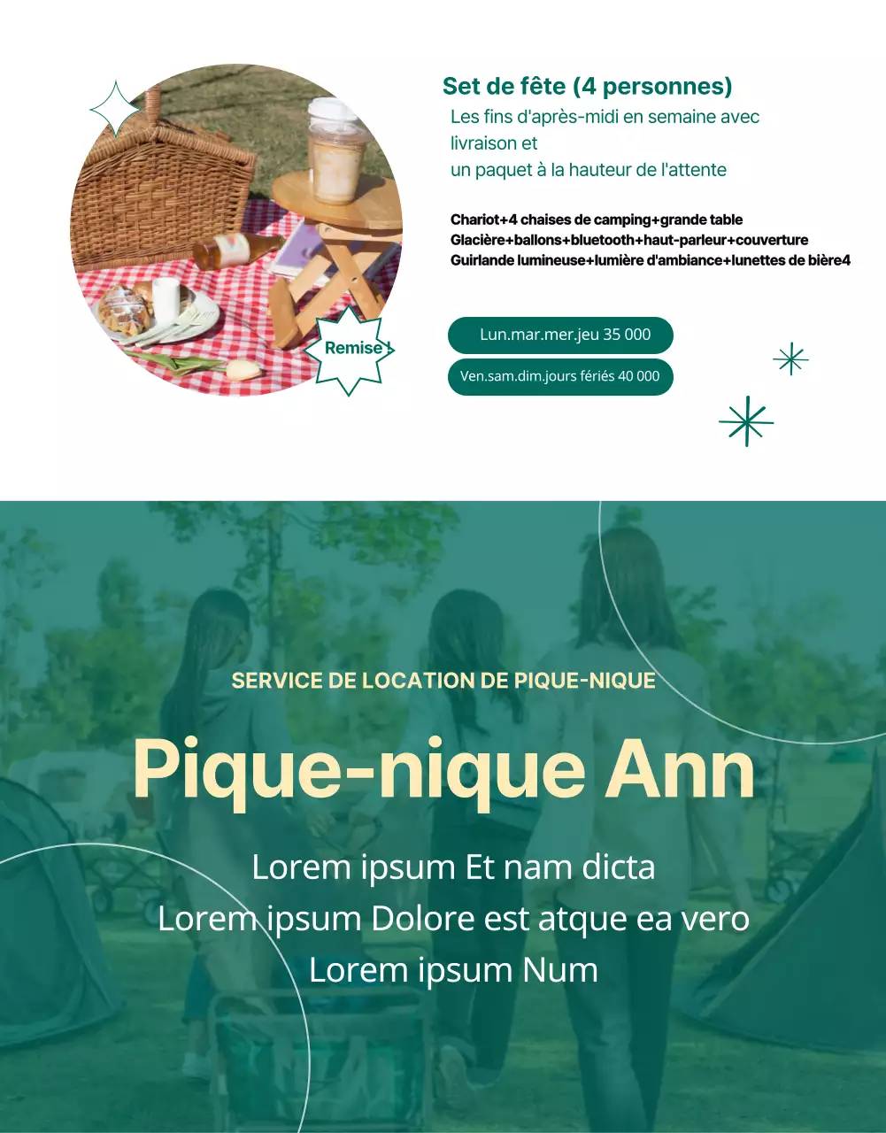 Location de pique-nique chic, vert et simple