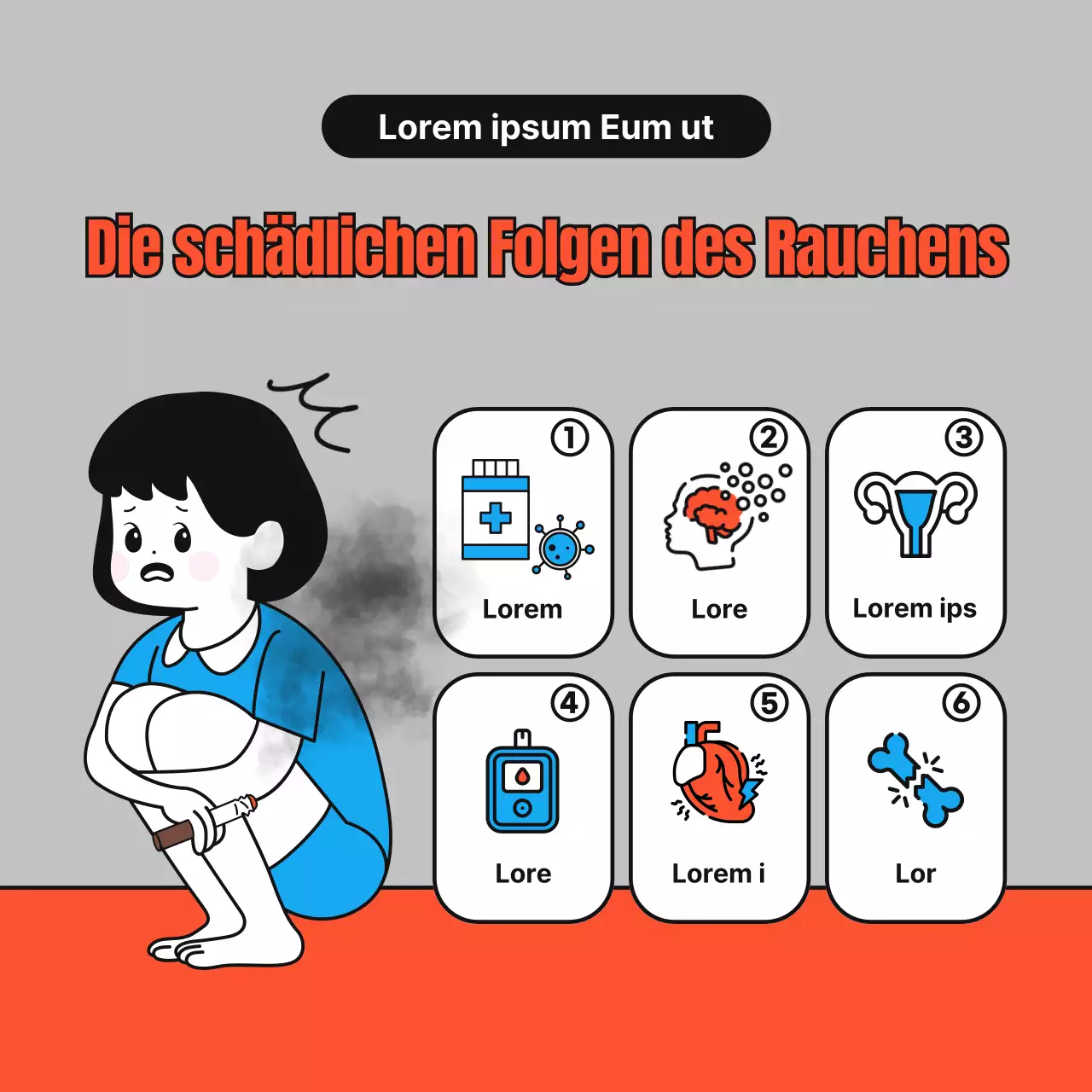 Einfache, niedliche Illustrationen in Rot, Blau und Grau zur Raucherentwöhnung