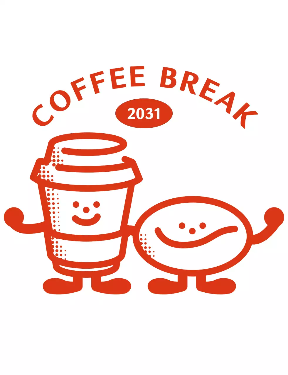 赤のテキストロゴとかわいいコーヒーキャラクターのカフェ。