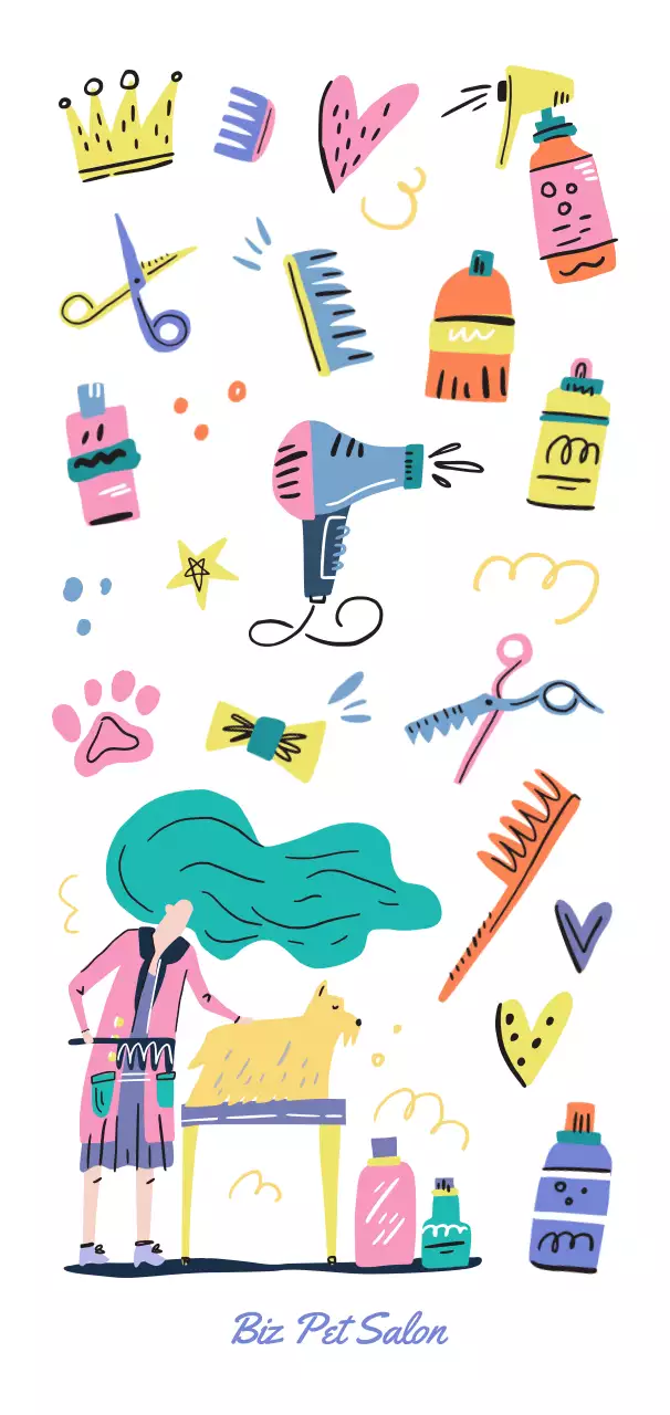 Ilustração promocional de um salão de animais de estimação colorido e giro