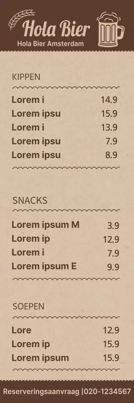 Menugids voor een eenvoudige conceptbrouwerij in bruine en lichtbruine kleuren