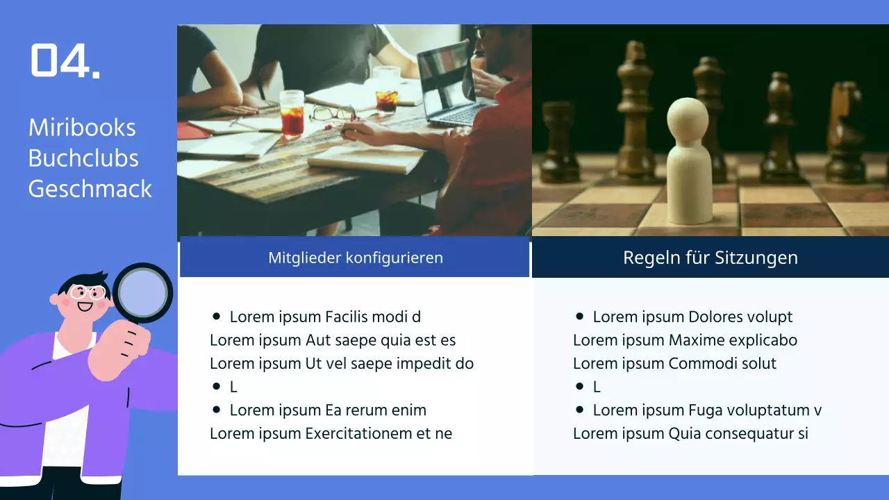 Ein Bücherregal-Thema mit menschlichen Illustrationen auf einem einfachen Hintergrund aus Lila und Blau.