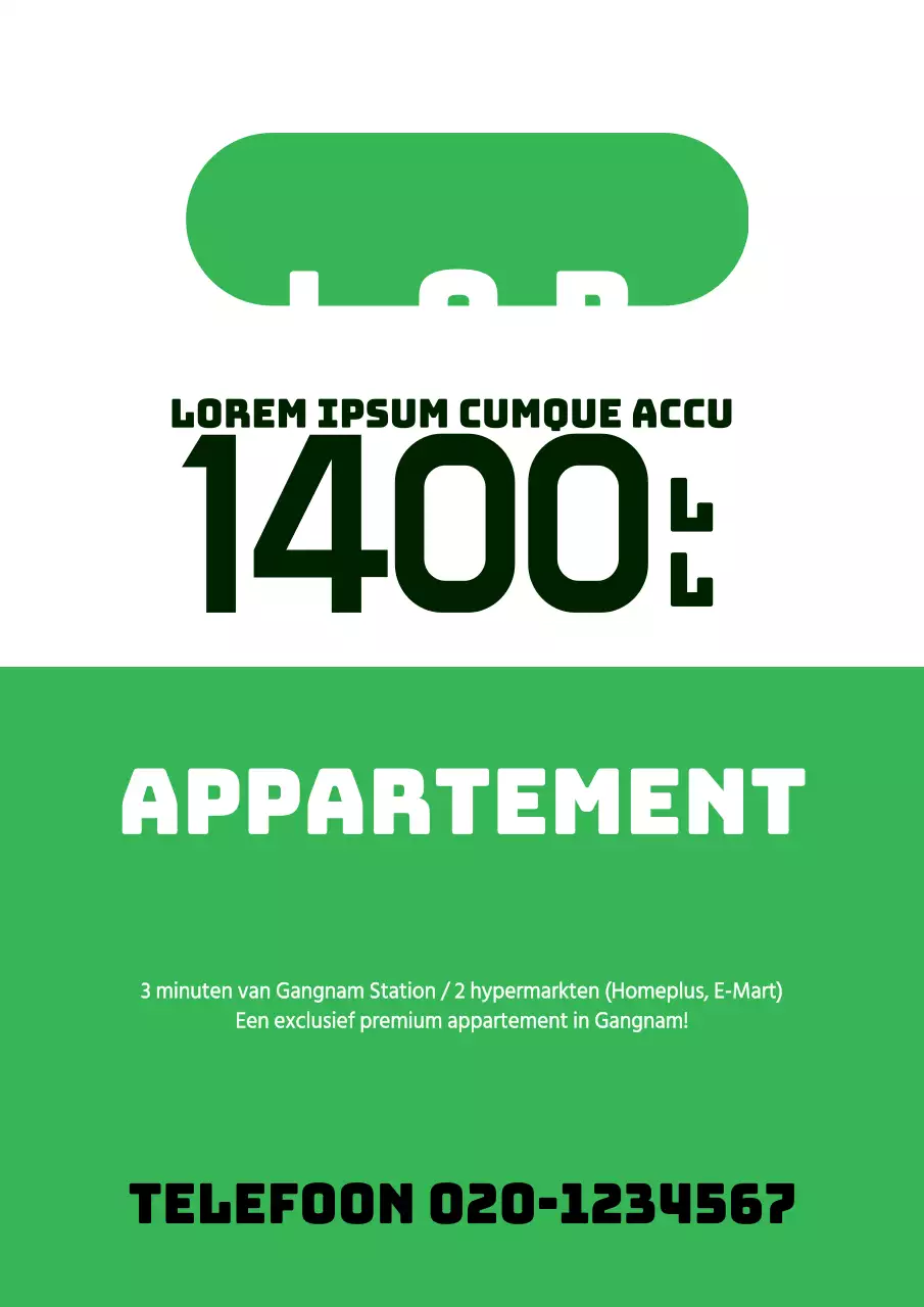Eenvoudige flyer voor luxe appartement te koop met groene accenten