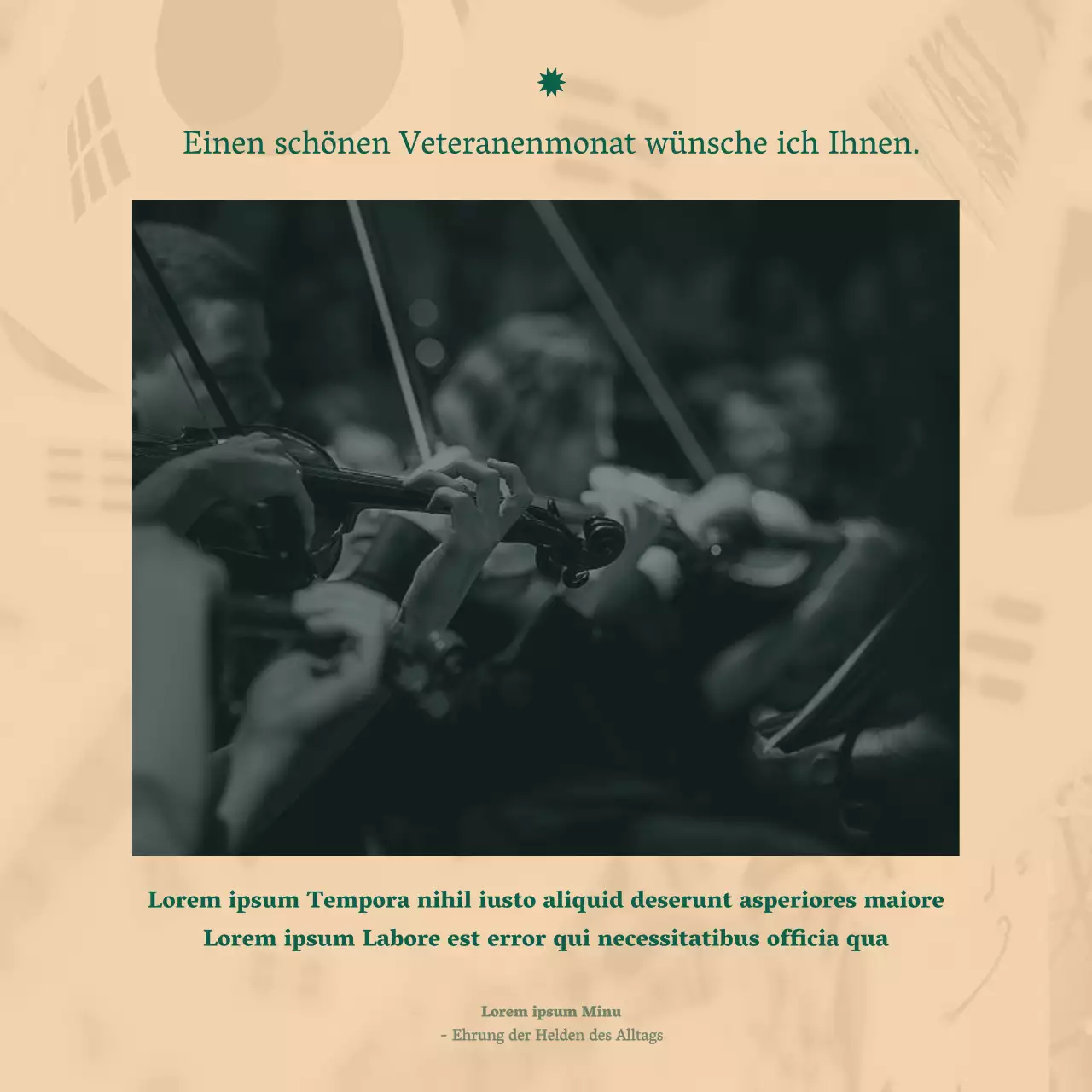 Eine klare orchestrale Konzertankündigung in einer Serifenschrift mit luxuriösen Beige- und Dunkelgrüntönen