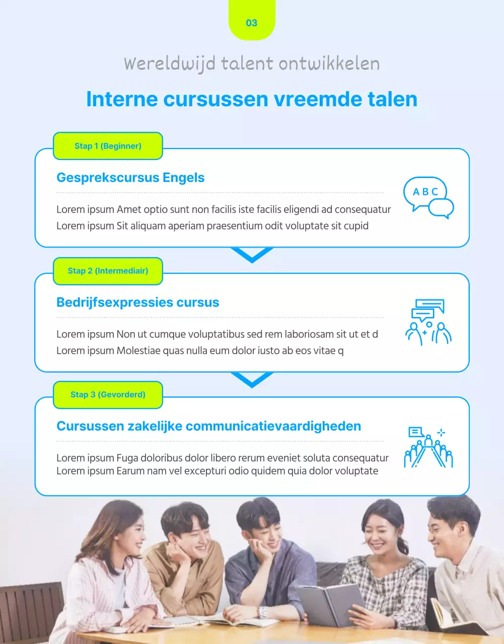 In-house trainingsgids met fluorescerende blauwe accenten