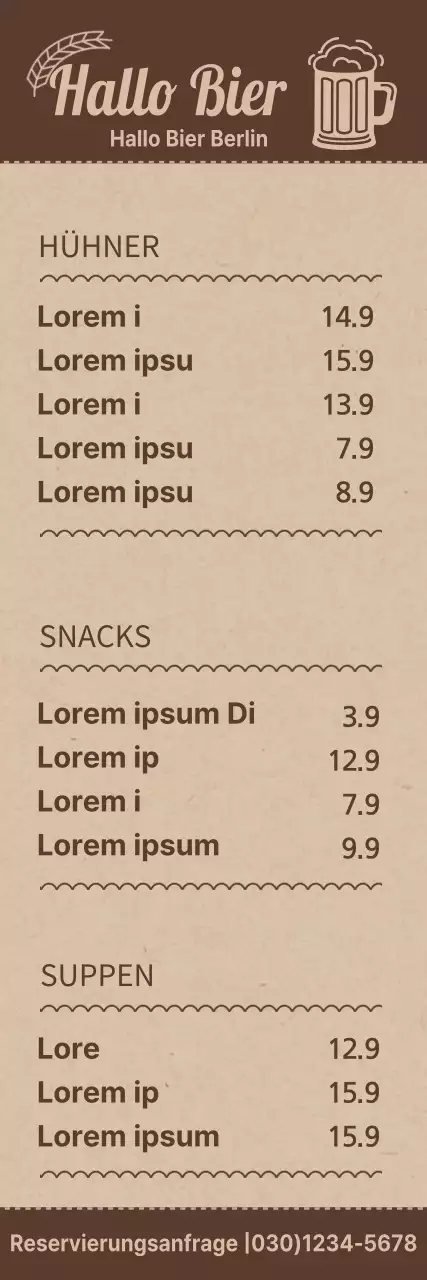 Menüführer für eine Brauerei mit einfachem Konzept in braunen und hellbraunen Farben