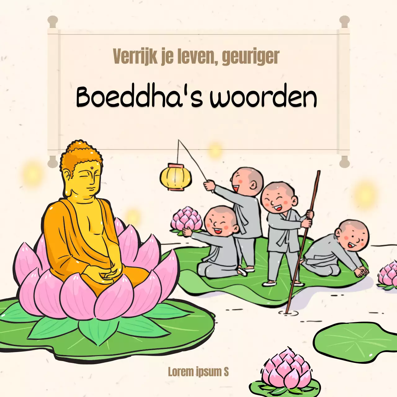 Een verzameling boeddhistische illustraties in beige.