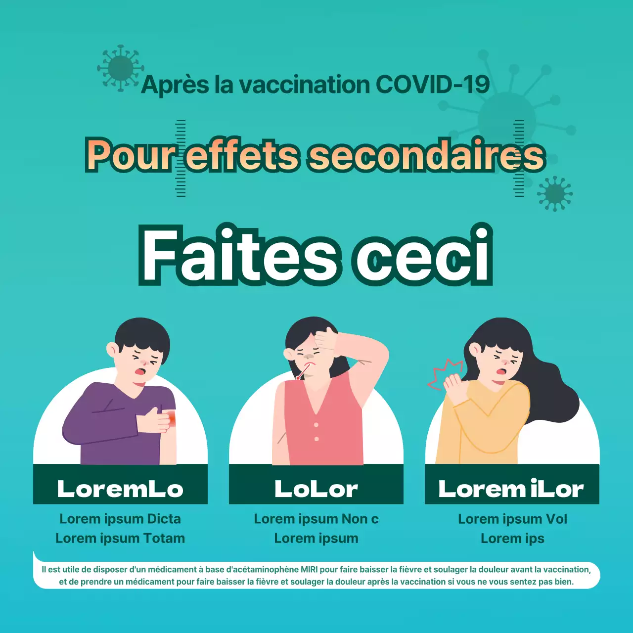  Instructions illustrées sur les effets indésirables des vaccins, avec un fond bleu contrasté et un texte rouge.