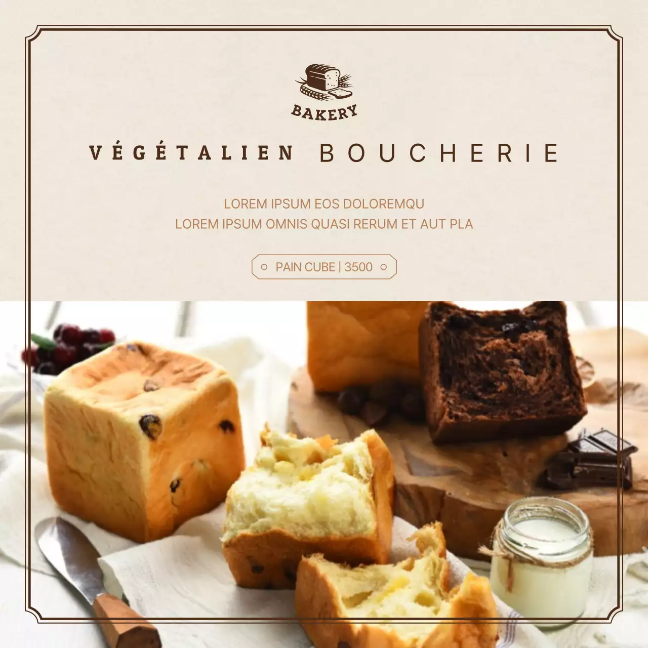 Carte des desserts d'une boulangerie végétalienne avec mise en valeur de l'image beige