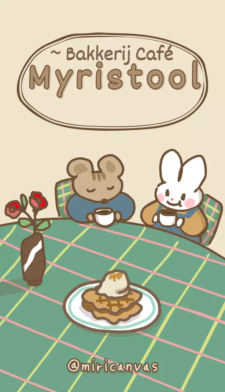 Een café met schattige illustraties in beige en bruin