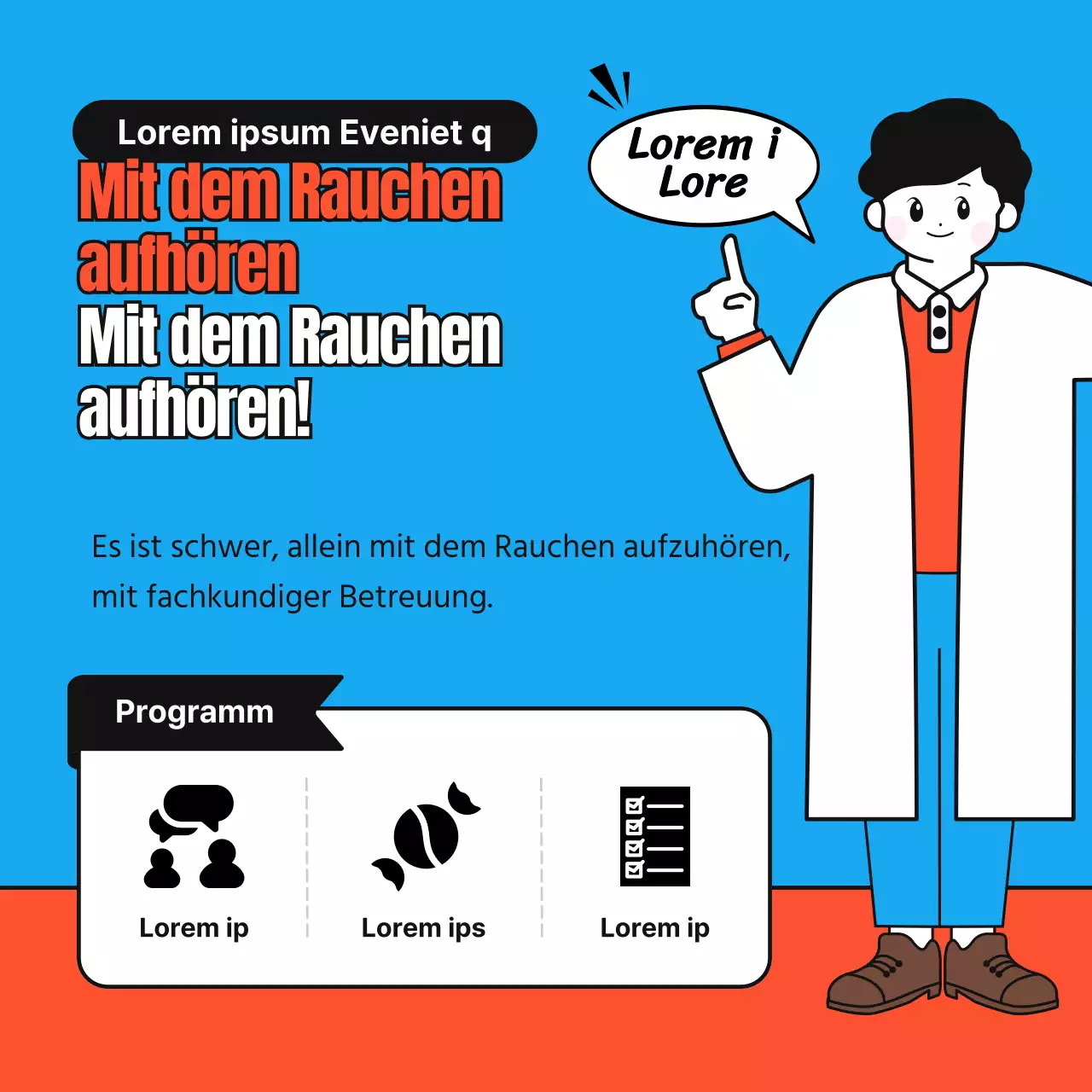 Einfache, niedliche Illustrationen in Rot, Blau und Grau zur Raucherentwöhnung