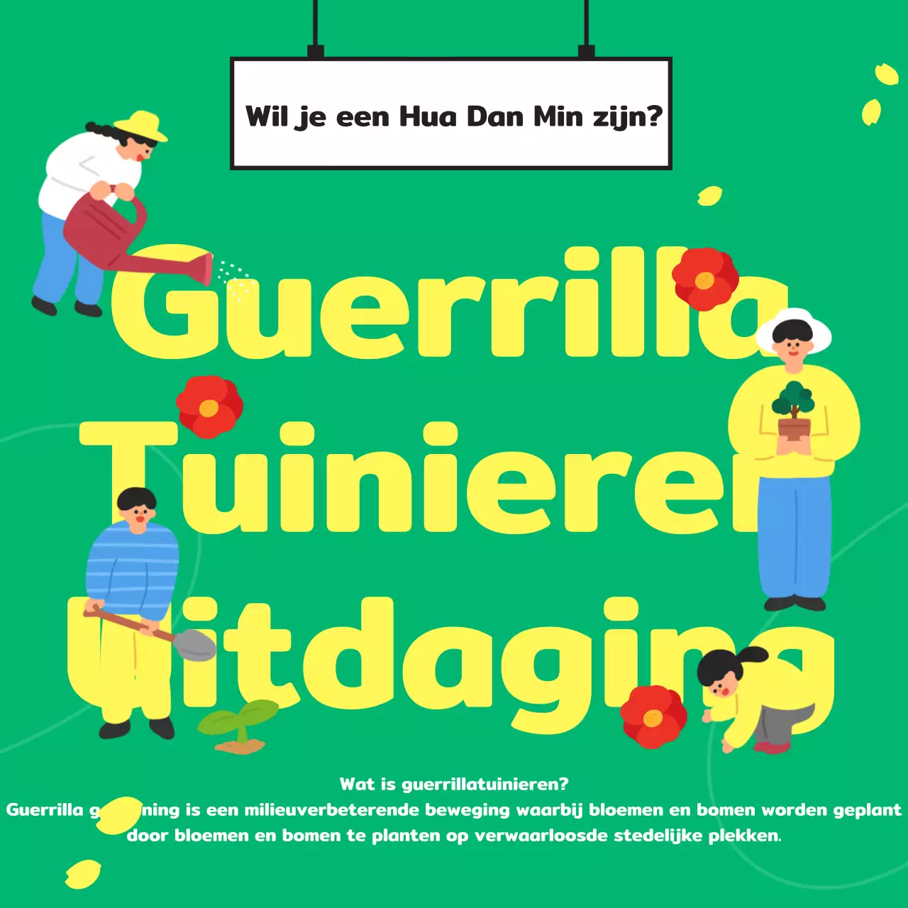 Guerrilla gardening uitdaging met een schattig, groen, geïllustreerd concept om het milieu te verbeteren