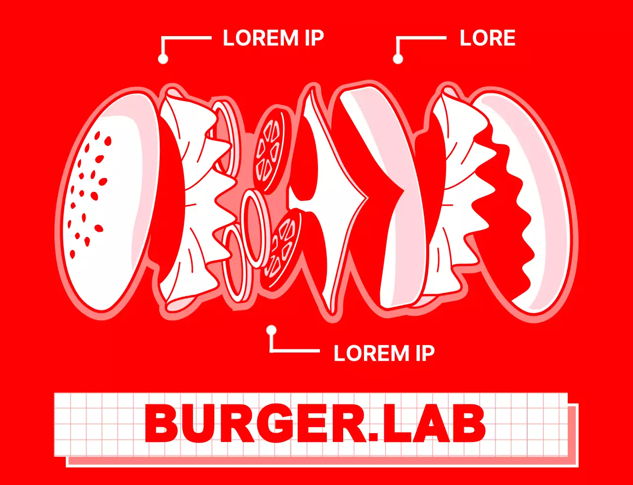 Diseño limpio para una hamburguesería con ilustraciones en rojo y blanco de ingredientes de hamburguesas.